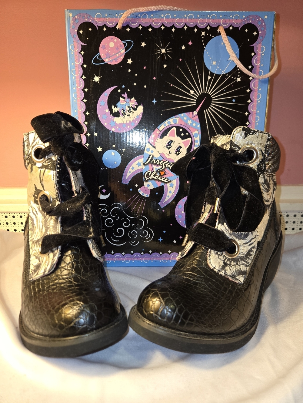 Irregular Choice Black Croc-Texture Tapestry-patterned Boots